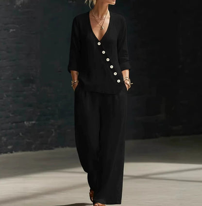 Women Cotton Linen 2 Piece Set V Neck Wide Leg Pants