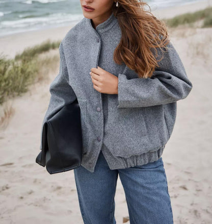 Women's Oversized Gray Wool Jacket Button Front Coat