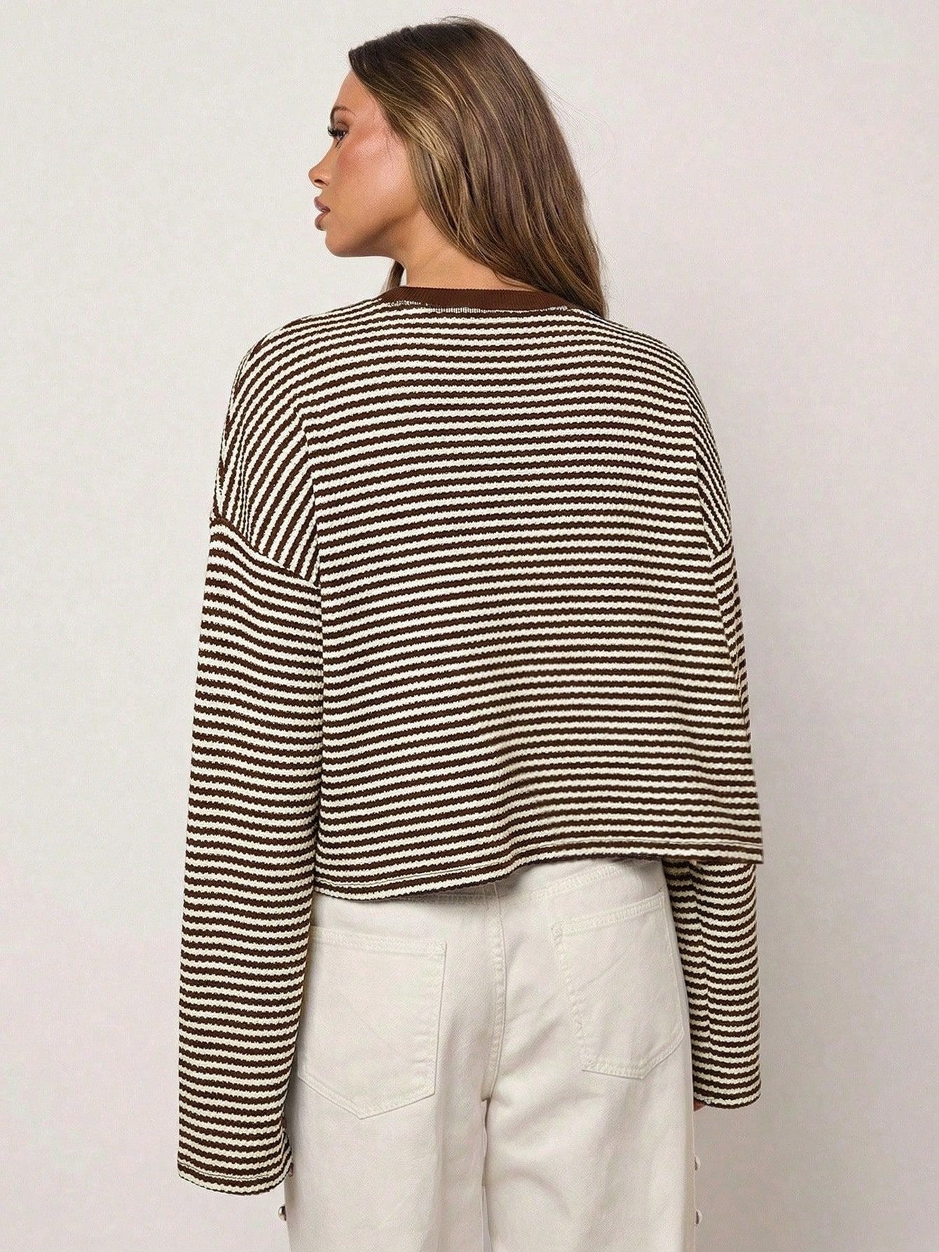 Brown Striped Long Sleeve Knit Top Oversized Casual Tee