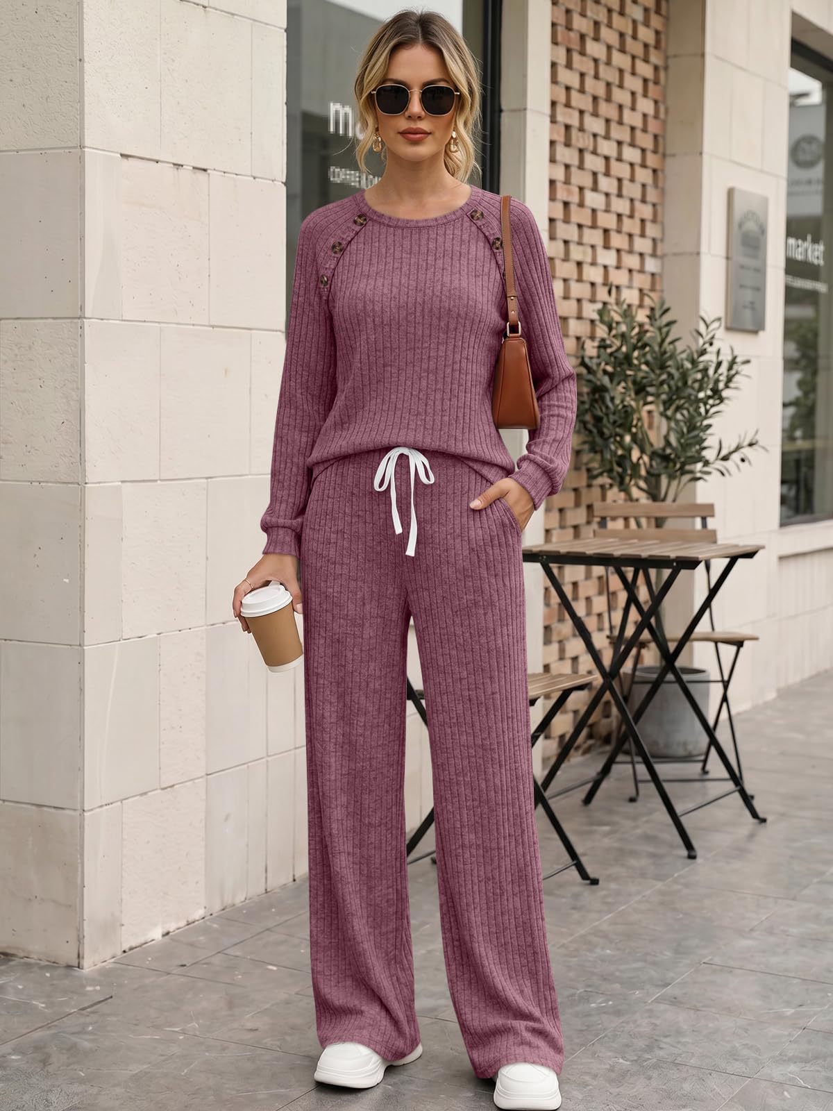 Womens Ribbed Knit 2 Piece Set Button Top Wide Leg Pants