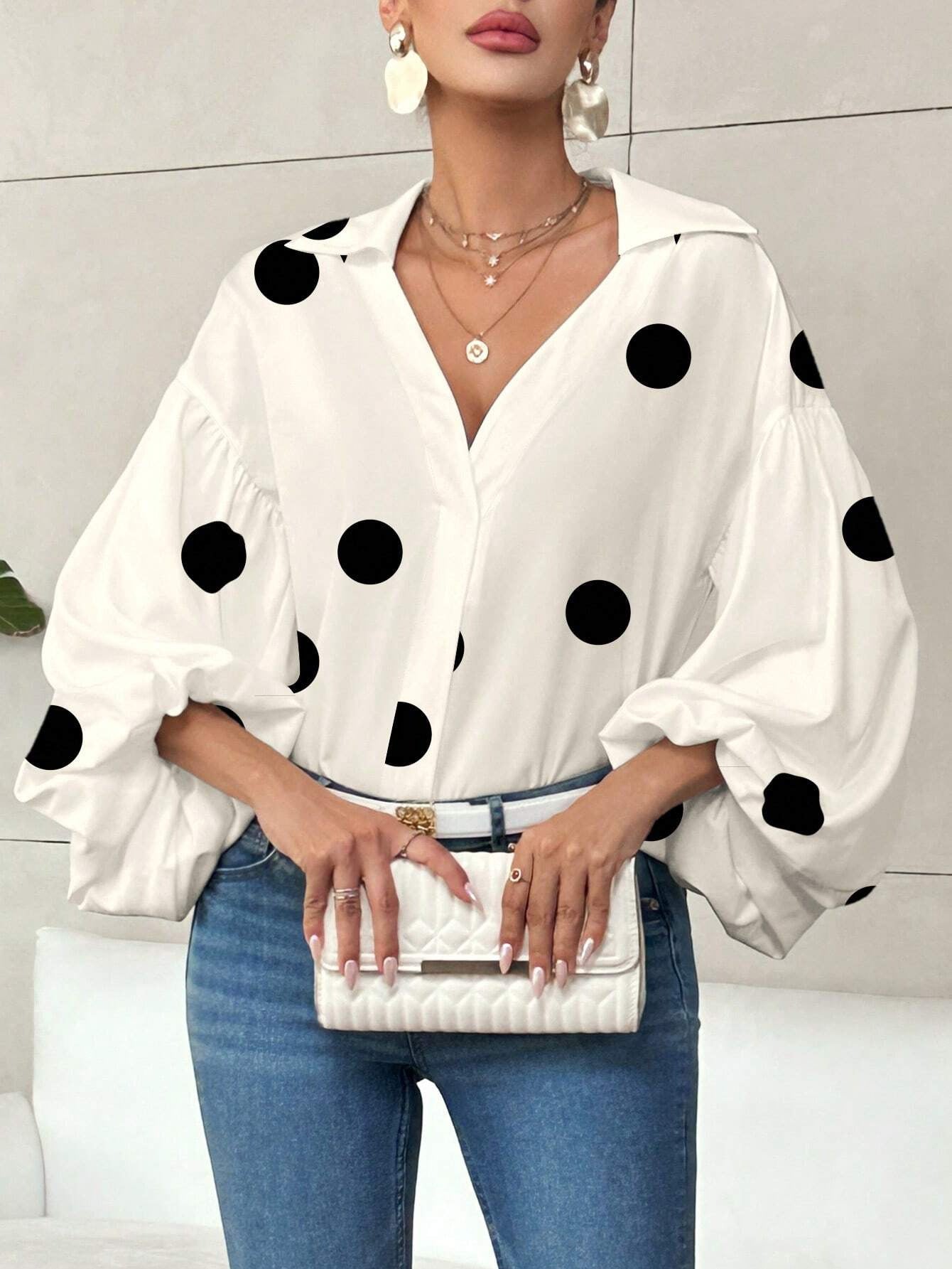 Black V Neck Lantern Sleeve Blouse Loose Fit Top