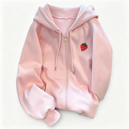 Oversized Strawberry Embroidered Zip Up Hoodie Fleece Lined