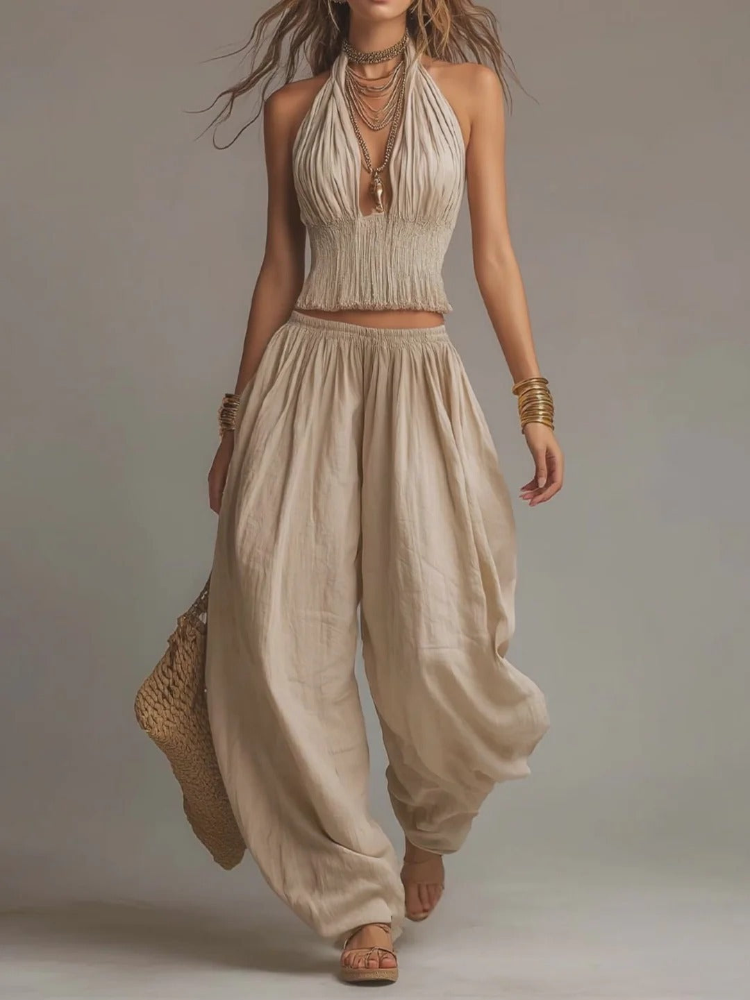 Women's Summer Halter Backless Wide Leg Pants Matching Set