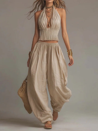 Women's Summer Halter Backless Wide Leg Pants Matching Set