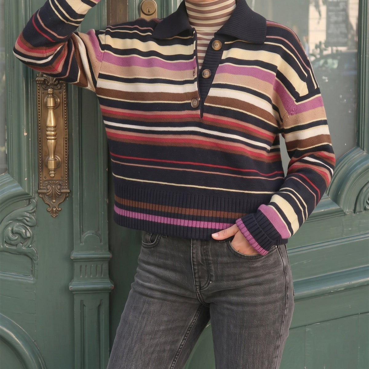 Women's Striped Polo Collar Long Sleeve Sweater