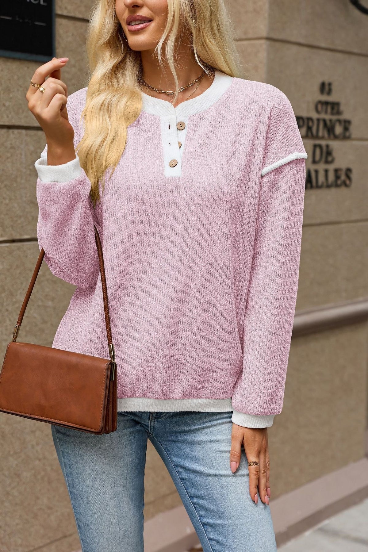Women's Color Block Henley Long Sleeve Oversized Top