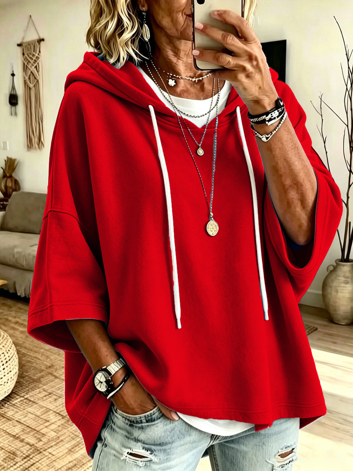 Women's Oversized V Neck Hoodie 3/4 Sleeve Solid Top