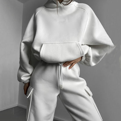 Women Oversized Fleece Hoodie Cargo Jogger Set