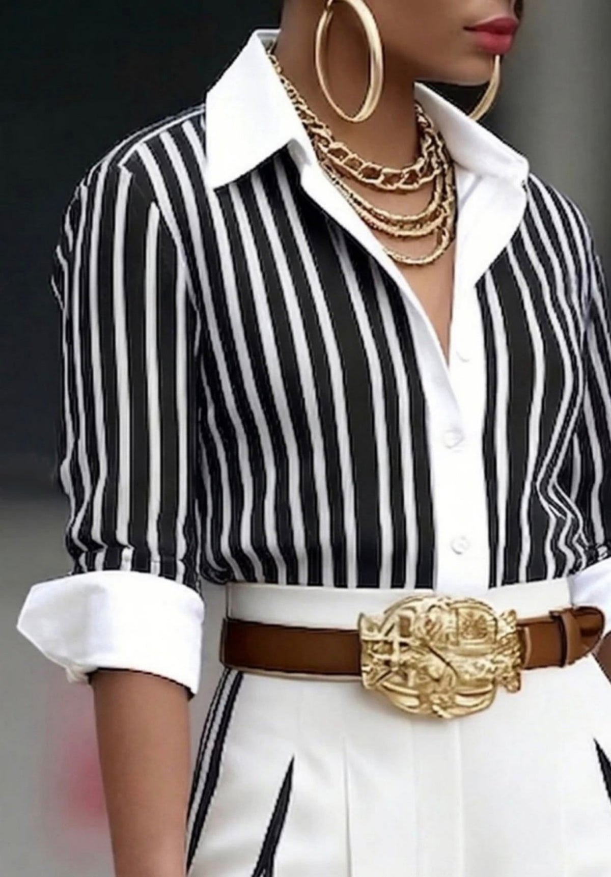 Women's Striped Contrast Collar Long Sleeve Work Blouse