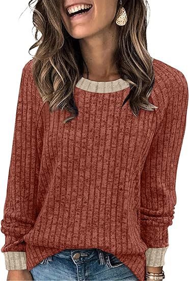 Women's Soft Ribbed Contrast Trim Long Sleeve Crew Neck Top