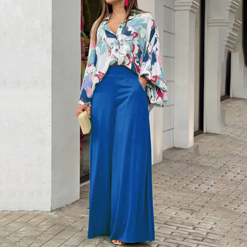Women's Printed Blouse Wide Leg Pant 2 Piece Set