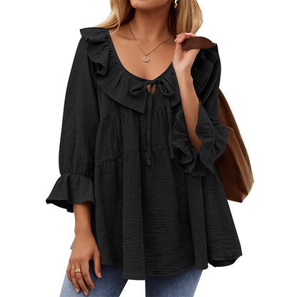 Women's Boho Ruffled Tie Front Tiered Bell Sleeve Top