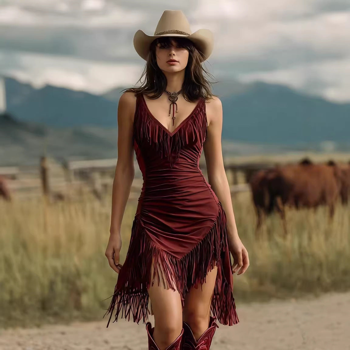 Sexy Cowgirl Fringe Mini Dress Deep V Neck Bodycon