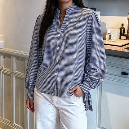Plaid Oversized Button Down Shirt Side Slit Long Sleeve
