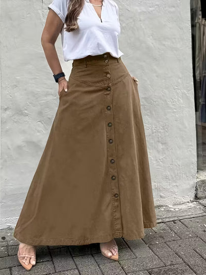 Women's High Waist Button Front Maxi Skirt A-Line Pockets