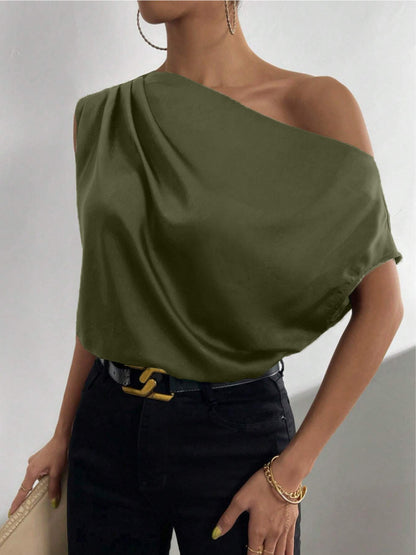 Satin One Shoulder Draped Blouse Sleeveless Top