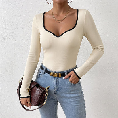 Women's Contrast Trim Ribbed Long Sleeve V-Neck Bodysuit