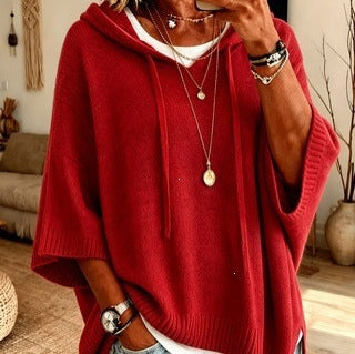 Women's Oversized Hooded Knit Sweater Drawstring Pullover