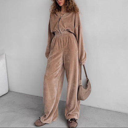 Womens Velvet 2 Piece Set Zip Hoodie Wide Leg Pants