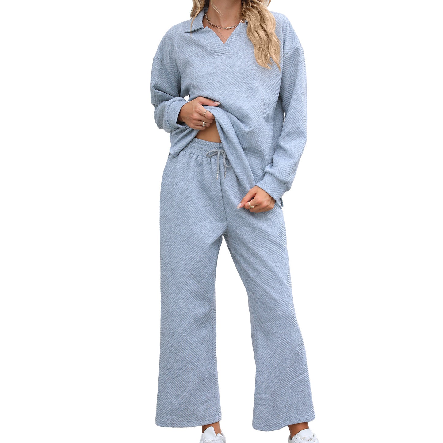 Women's Lounge Set Long Sleeve Collar Top Wide Leg Pants