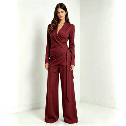Women's Wrap V Neck Blazer Wide Leg Two Piece Set