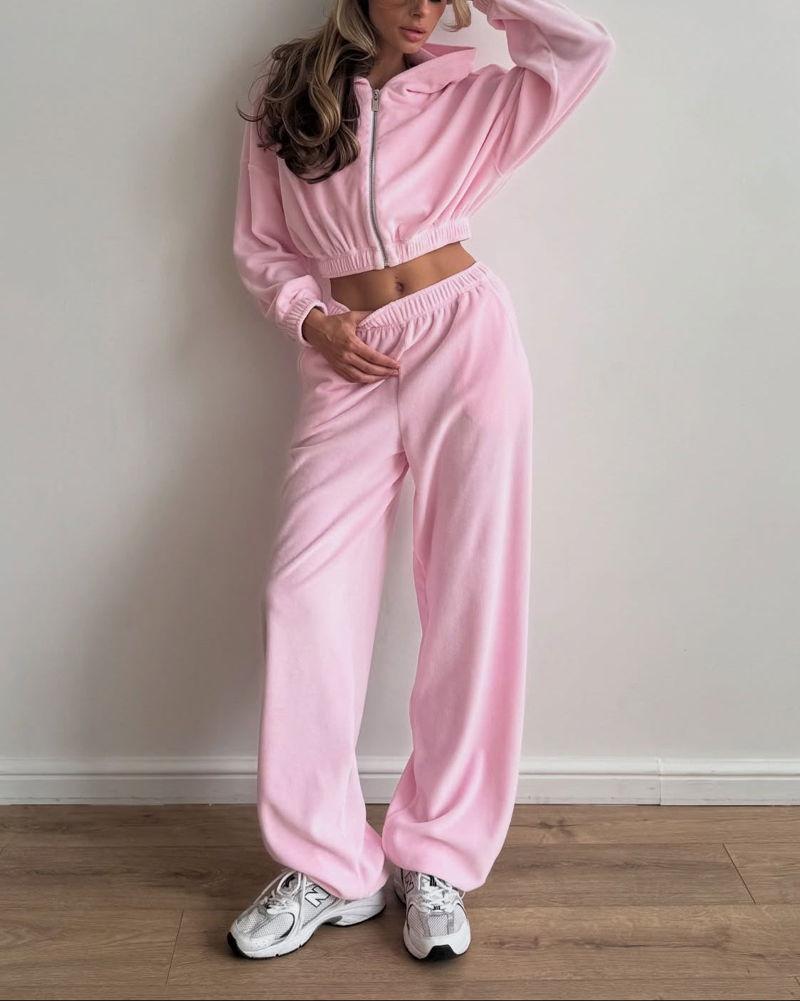 Womens Velvet 2 Piece Set Zip Hoodie Wide Leg Pants