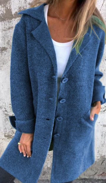 Women Long Wool Coat Lapel Button Front Jacket Pockets