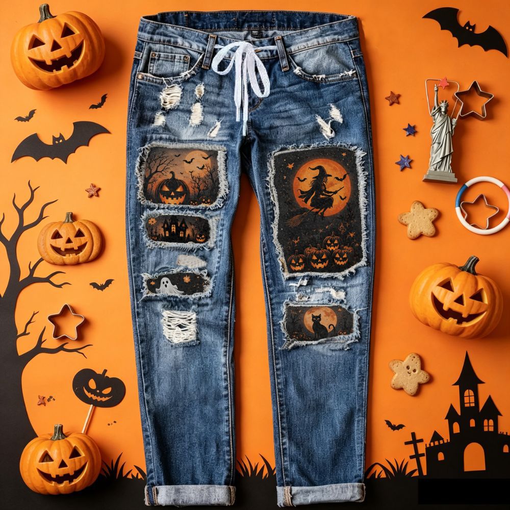 Womens Halloween Patchwork Distressed Straight Leg Jeans
