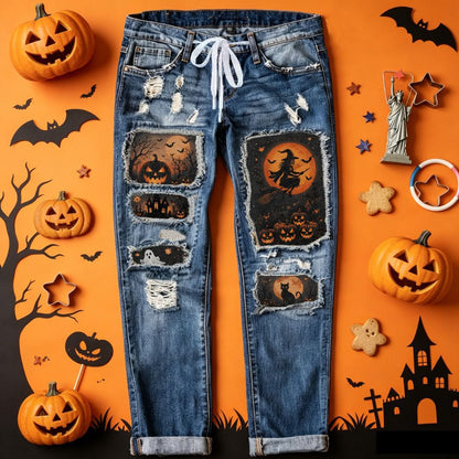Womens Halloween Patchwork Distressed Straight Leg Jeans
