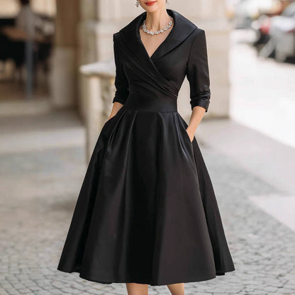 Elegant Satin Long Sleeve Belted A-Line Midi Dress Pockets