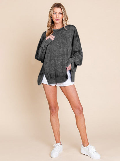 Acid Wash Oversized Sweatshirt Side Slit Drop Shoulder