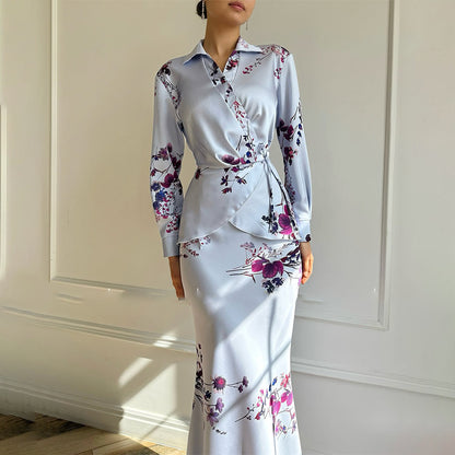 Women's Floral Long Sleeve Tie Waist Top & Maxi Skirt Set