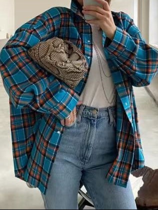 Women's Oversized Plaid Shacket Button Down Pocket