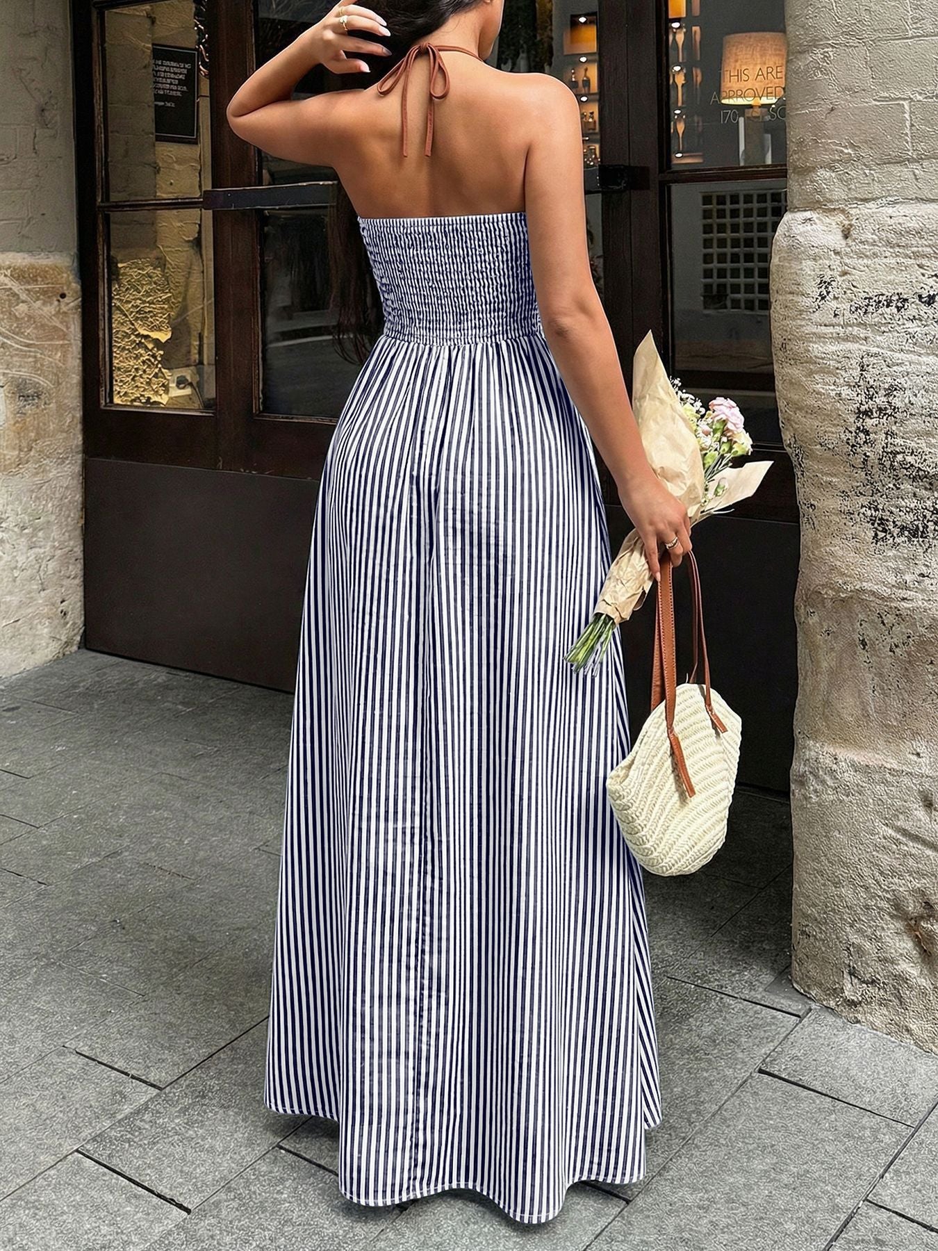 Striped Halter Backless Maxi Dress Deep V Resort Dress