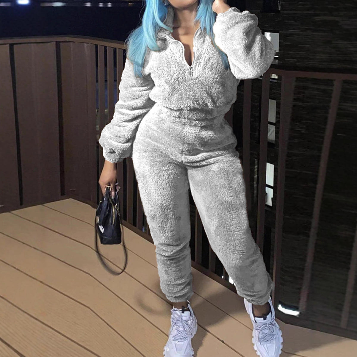 Womens Sherpa Fleece Half Zip 2 Piece Jogger Set