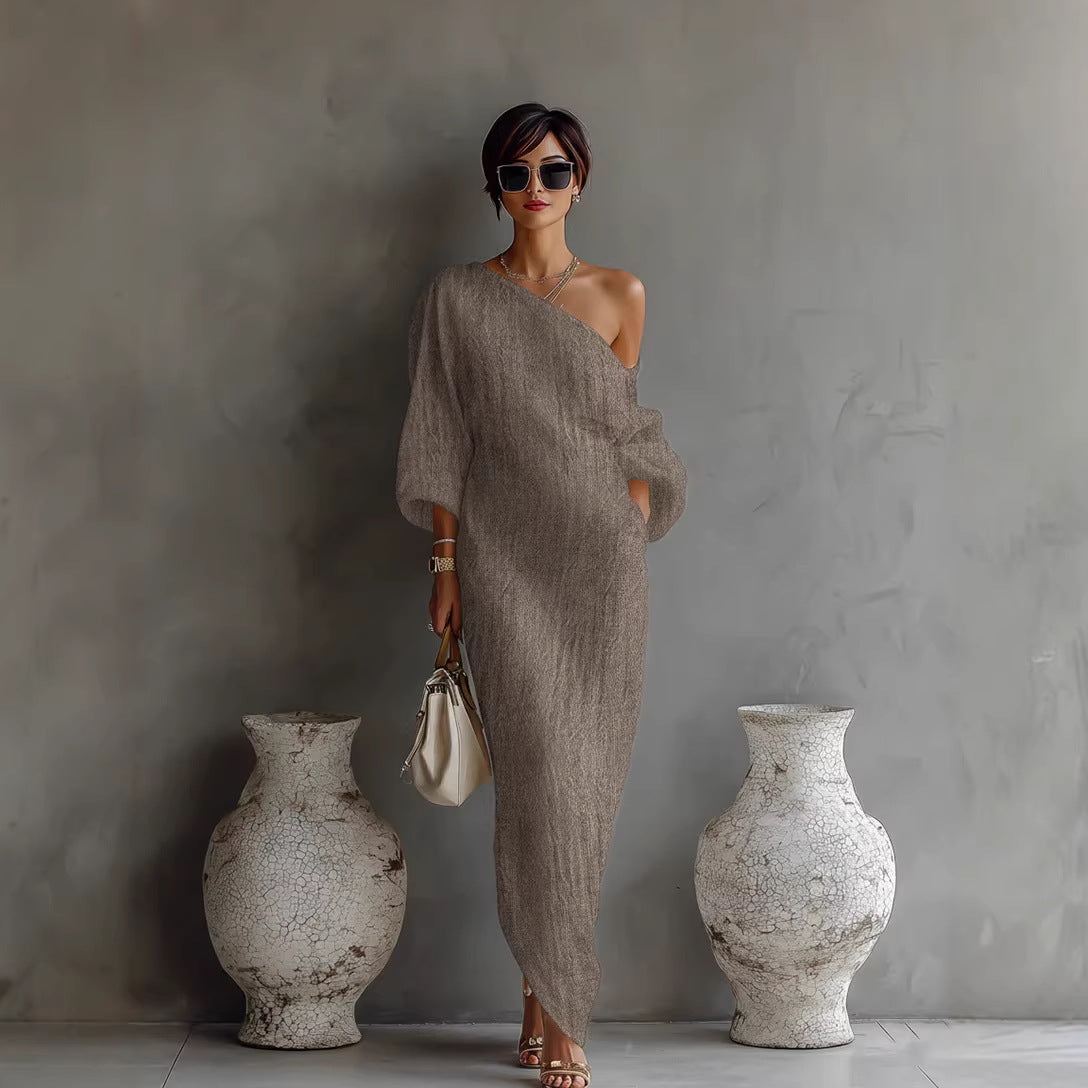 Elegant One Shoulder Long Sleeve Asymmetric Maxi Dress