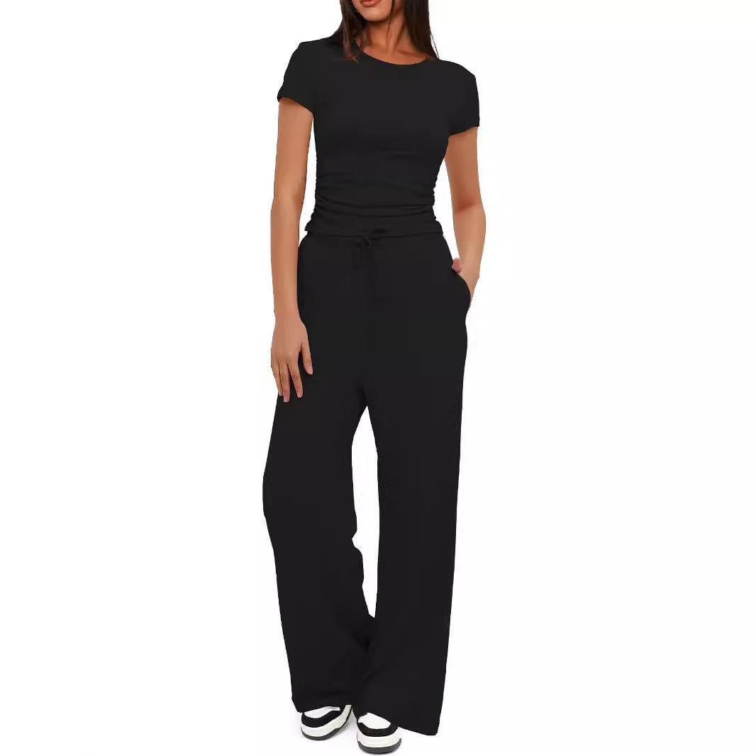 Women's Ruched Top Wide Leg Pants Two Piece Lounge Set