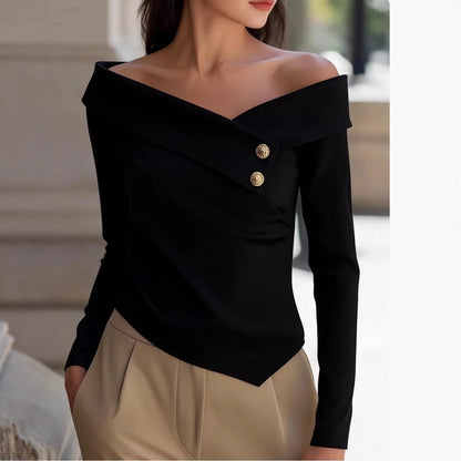 Elegant Off Shoulder Button Detail Long Sleeve Blouse