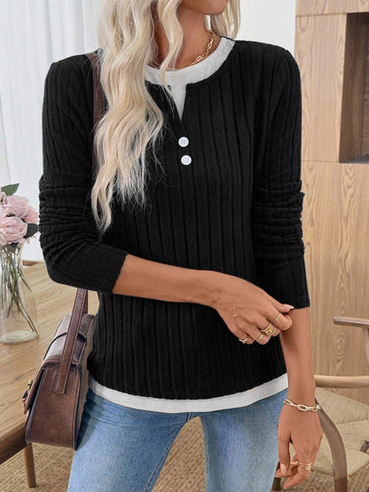 Ribbed Faux Layered Henley Long Sleeve Casual Top