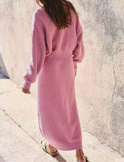 Women's Knit Two Piece Set Mock Neck Sweater Midi Skirt