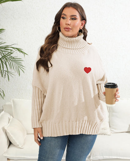 Women's Love Sticker Sweater Solid Color Turtleneck Loose Pullover