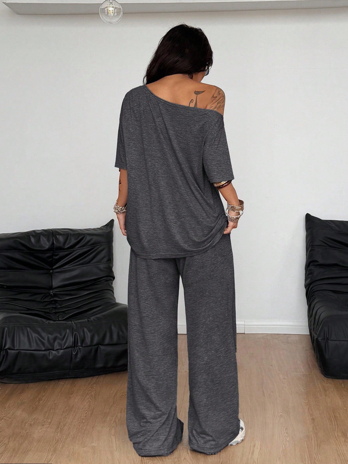 Off Shoulder Top Wide Leg Pants Lounge Set