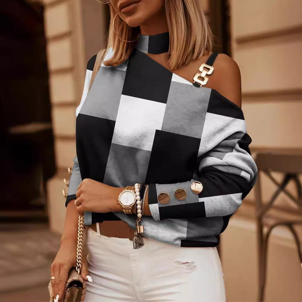 Women's Cold Shoulder Chain Halter Long Sleeve Blouse