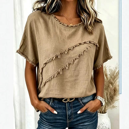 Women's Boho Fringe Linen Blend Batwing Sleeve Top