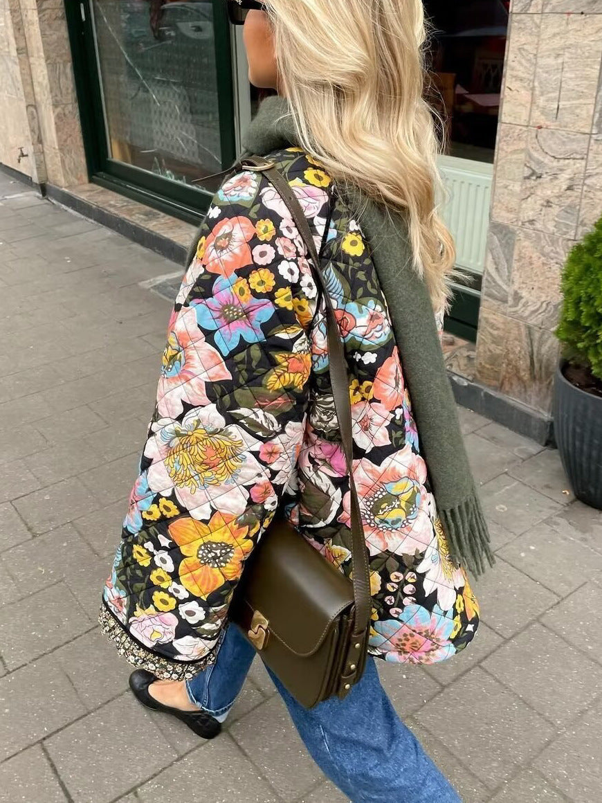 Women's Floral Quilted Jacket Bell Sleeve Sherpa Lined