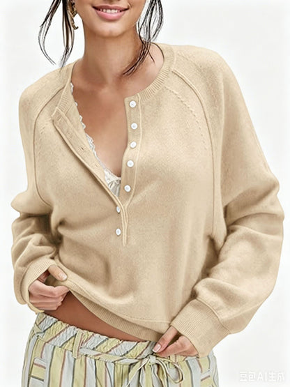 Women's Oversized Henley Sweater Button Front Knit Pullover