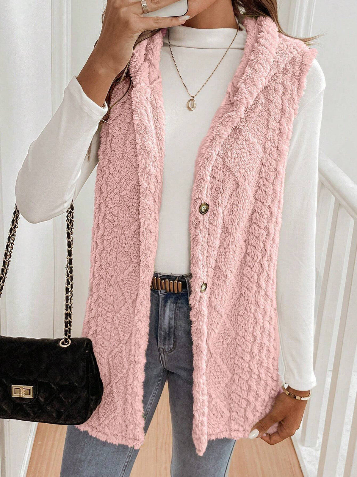 Women's Hooded Fleece Button Front Vest Cardigan