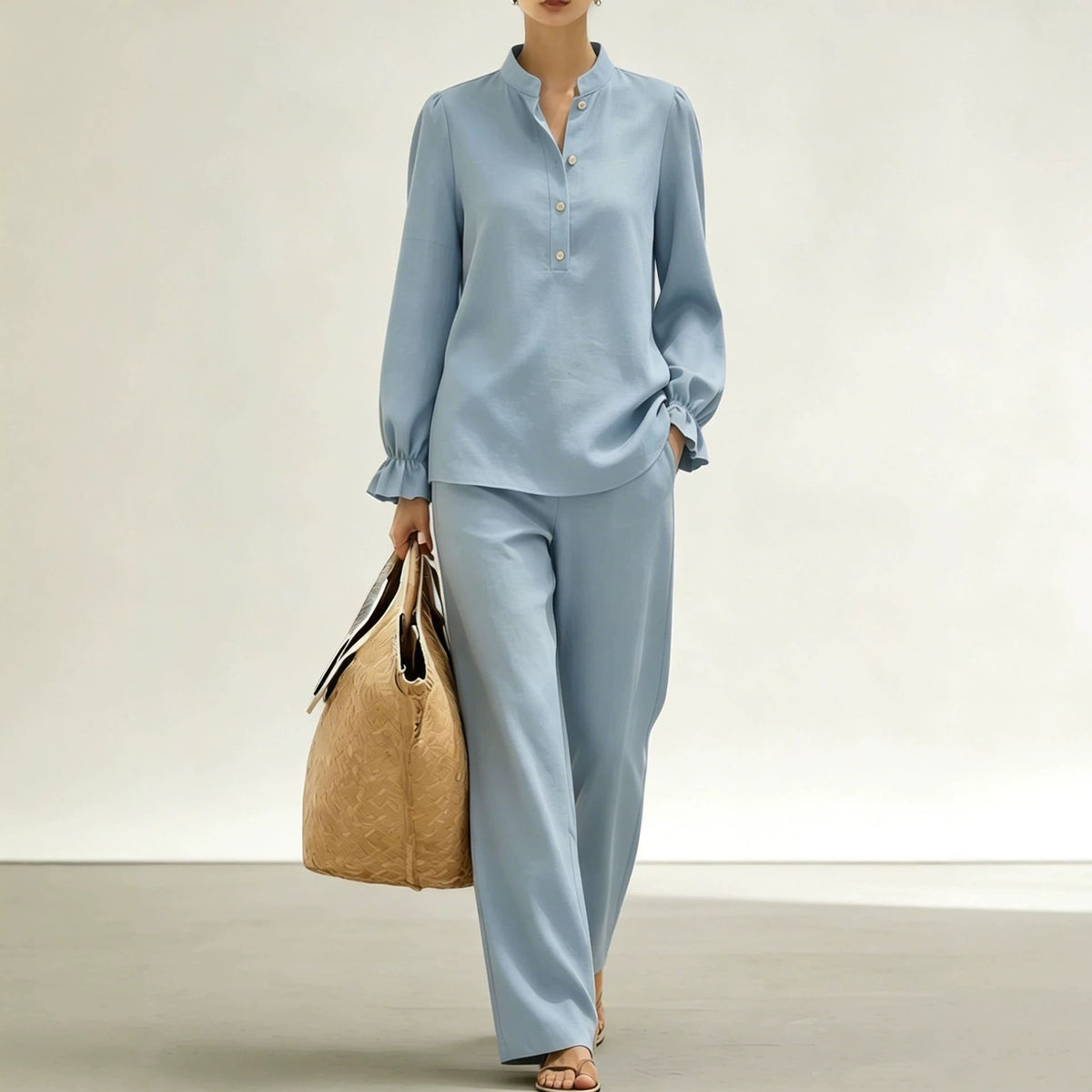 Women's Puff Sleeve Blouse Wide Leg Pants Matching Set