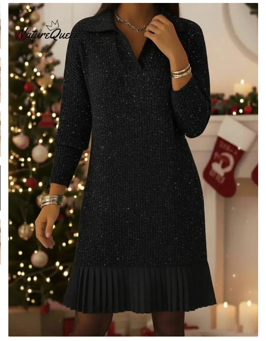 Women's Polo Collar Long Sleeve A-Line Sweater Dress