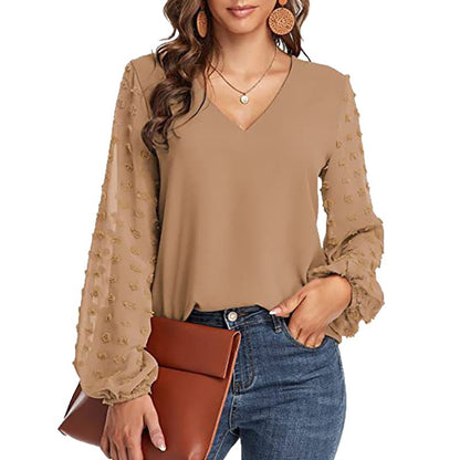 Women's V-Neck Chiffon Blouse Textured Puff Sleeve Top